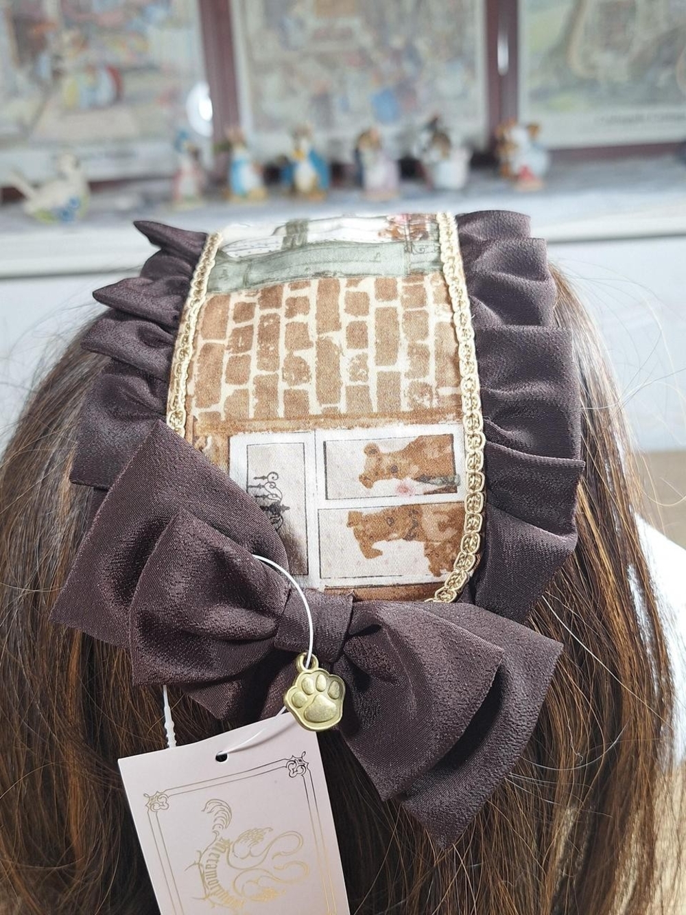 Brown Ruffled Bow Headband with Paw Charm